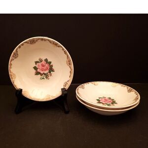 American Rose Dessert Fruit Bowls Small Paden City Pink Roses Gold Vintage Lot 3